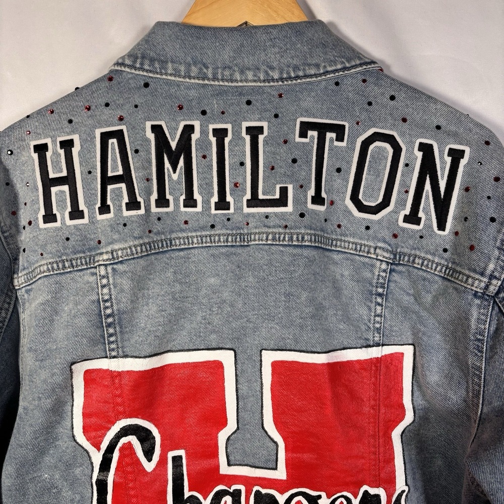 Varsity Football Denim Jacket Large Hand Painted Hamilton Studded Game Day - Picture 3 of 7